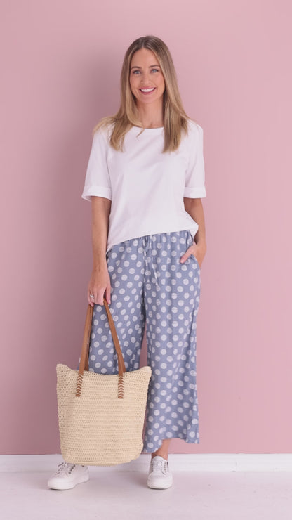 Cleo Wide Leg Drawstring Pants - Denim Blue/Spot