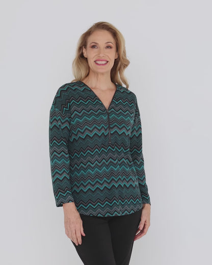 Redgrove Zip Top - Teal Chevron