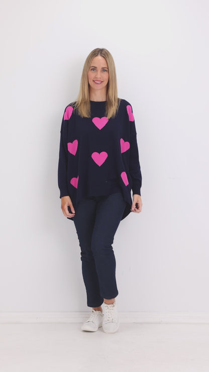 Reed Knit Top - Navy/Pink Heart