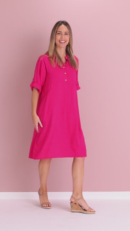 Maria Cotton & Linen Dress - Hot Pink