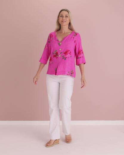 Mahri Linen Top - Fuchsia Azalea
