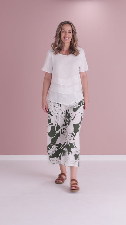 Aiko Linen Pants - White/Dark Green Floral Print