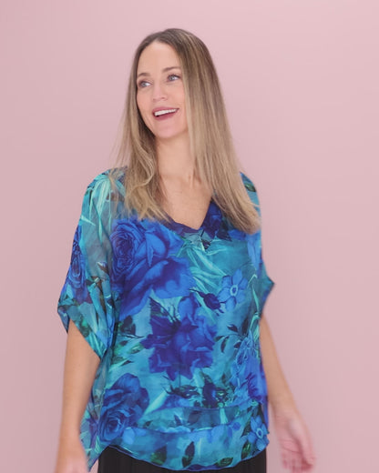 Lisette Silk V Neck Top - Ocean Bloom