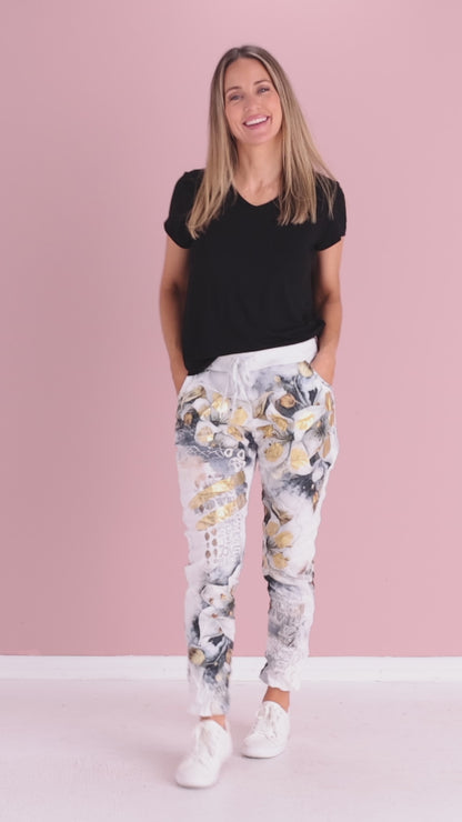 Alina Pants - White/Gold Print