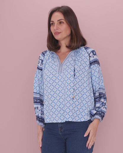 Marbella Tie Neck Blouse – Blue Mosaic
