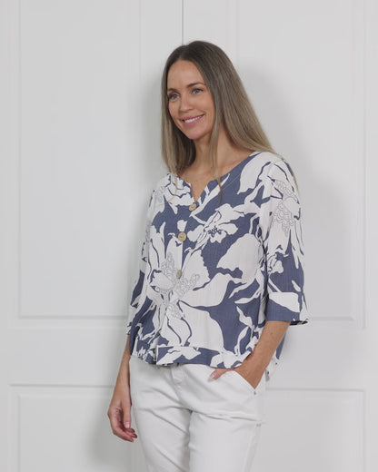 Mahri Linen Top - Denim Floral