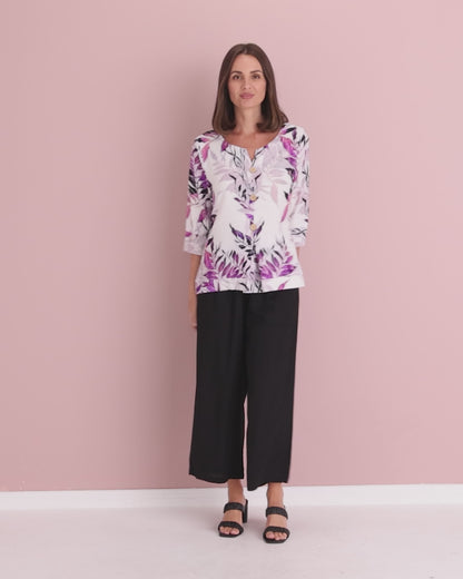 Mahri Linen Top - Purple Leaf