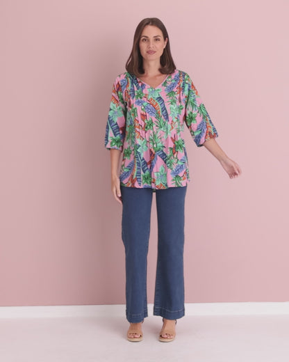 Tina V Neck Pleated Cotton Top - Pink Toucan Jungle