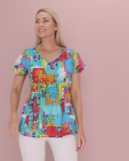 Kayla Cotton Short Sleeve Top - Painted Palms