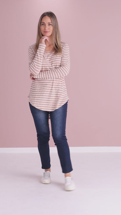 Megan Long Sleeve Cotton Basic Top - Beige Stripe