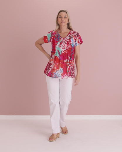 Kayla Cotton Short Sleeve Top - Red Coral Reef