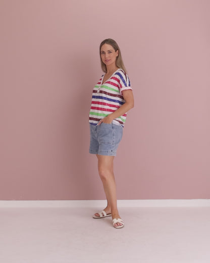 Summer Sailor Tee - Green Raspberry Stripe