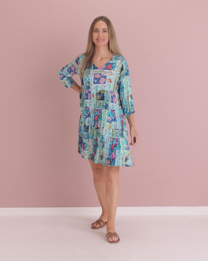 Cassius Petite Dress - Turquoise Floral Collage