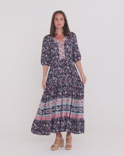 Annetta Dress - Raspberry Navy Jacobean