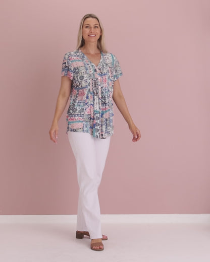 Chloe Pintuck Shirt - Peach/Sky Mosaic