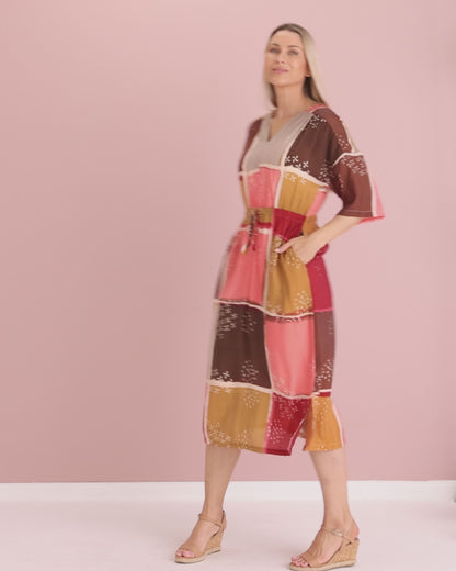 Allena Kaftan Dress - Coral/Bronze Patch