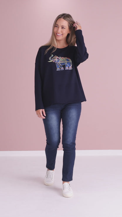 Anika Long Sleeve Fleece Tee - Navy Elephant