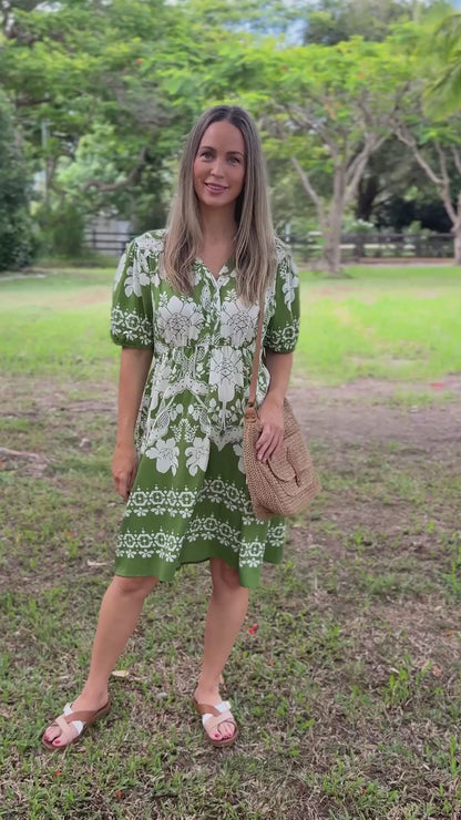 Angelina Dress – Green Porcelain Floral