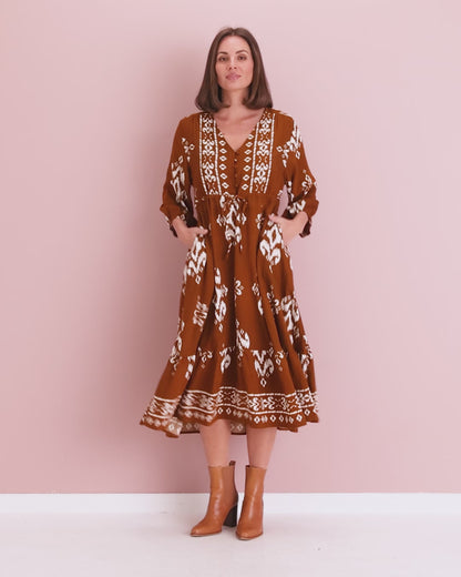 Rosalie Dress - Brown Tapestry