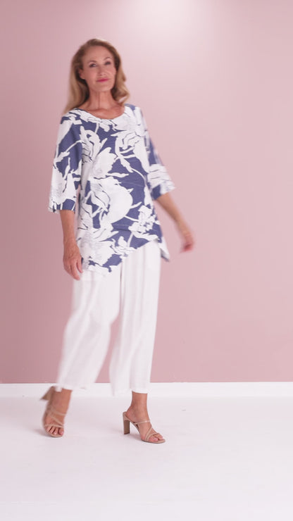 Esther Linen Top - White/Blue Floral Print