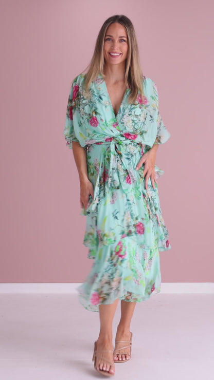 Loira Silk Dress - Mint Rose Garden