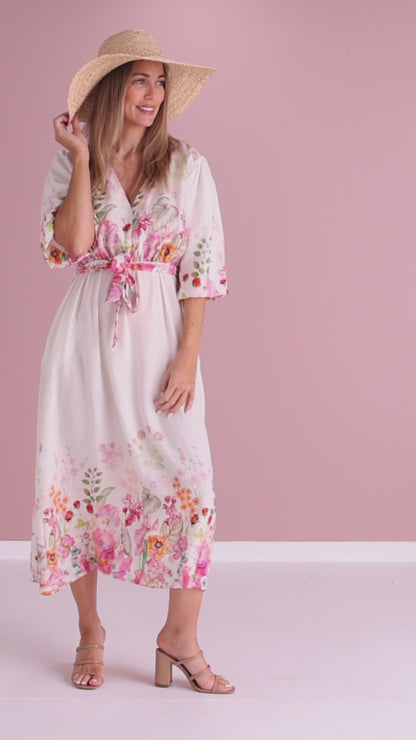 Springtime Garden Linen Dress - Cream/Floral