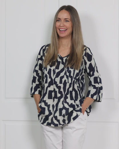 Tina Pleated Top - Bold Art Navy