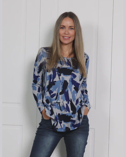 Georgia Long Sleeve Top - Blue Painterly