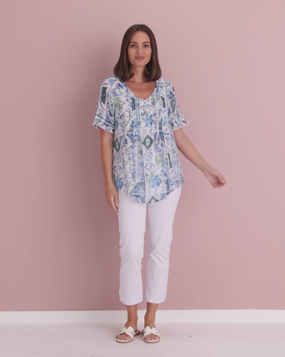 Tolara Top - Floral Blue Tapestry