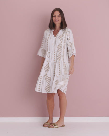 Amalfi Gold Embroidered Dress – White/Gold
