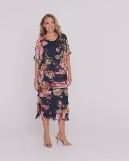 Margo Silk Dress - Navy Blush Floral