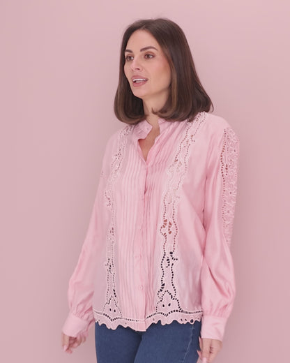 Norah Embroidered Pintuck Tencel Shirt – Pink