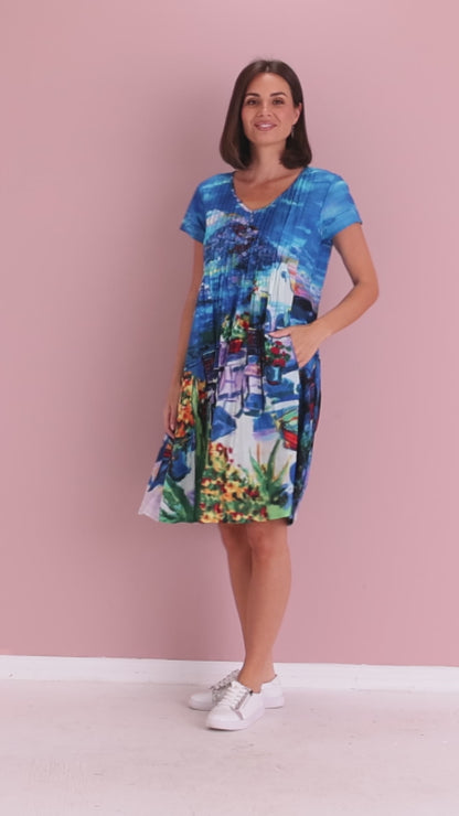 Santorini Easy Fit Cotton Dress - Blue Print