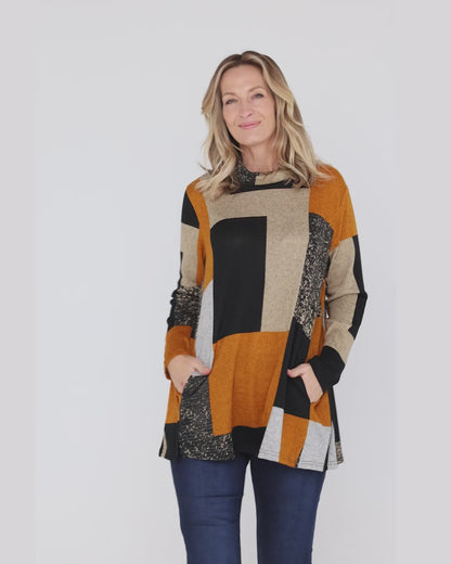 Lina Cowl Knit Tunic - Patchwork Rust