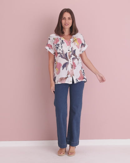 Gemma Linen & Cotton Top - White/Dusky Floral