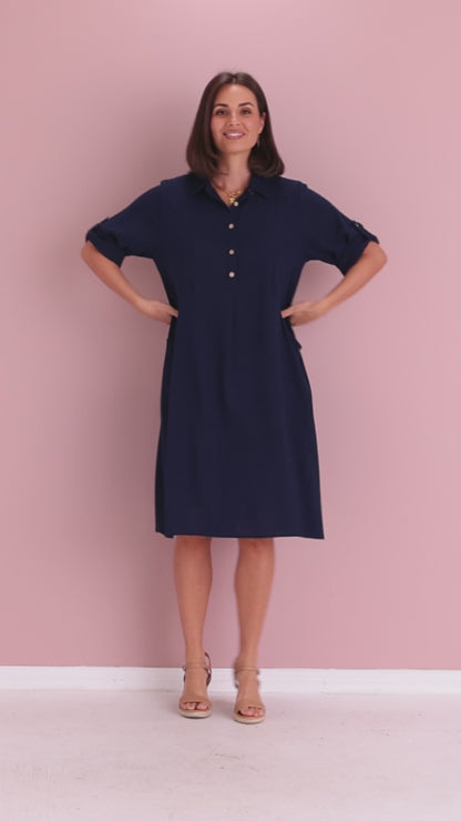 Maria Cotton & Linen Dress - Navy