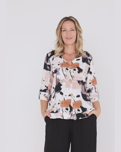 Mahri Linen Top - Espresso Abstract