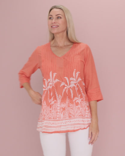 Tina Pleated Top - Coral Border