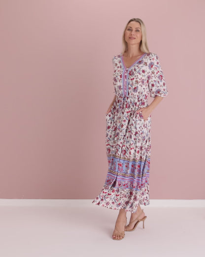 Annetta Dress - Raspberry Sky Jacobean