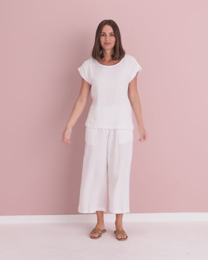 Petite Bonded Muslin Cheesecloth Pants - White