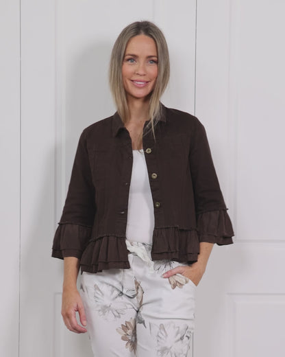 Leelah Cropped Ruffle Denim Jacket - Chocolate