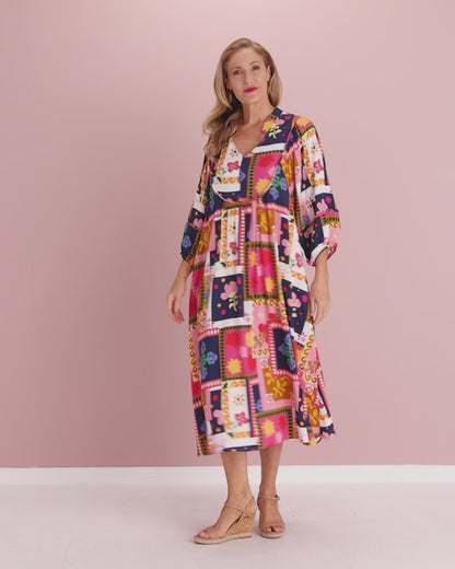 Paloma Boho Dress - Pink Navy Print