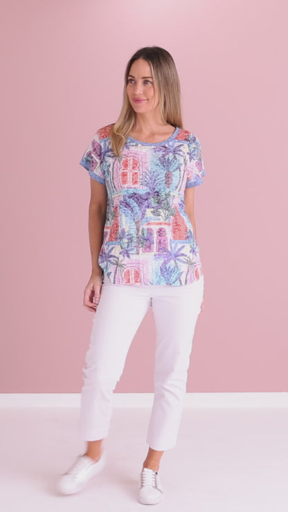 Layla Print Burn-Out Top - Ocean Palms