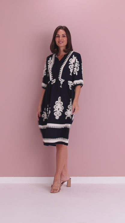 Zalara Dress - Navy/White Print