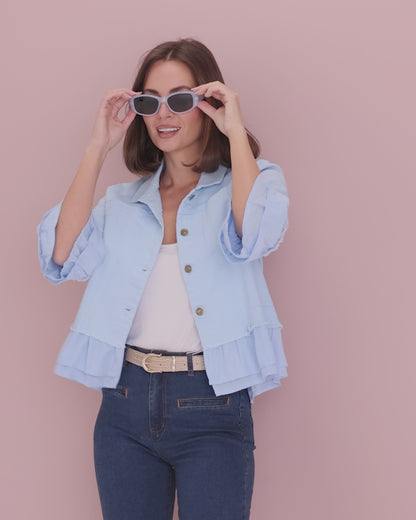 Leelah Cropped Ruffle Denim Jacket - Sky Blue