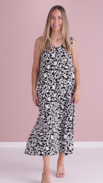 Sienna Sleeveless Midi Dress - Black Floral Flourish