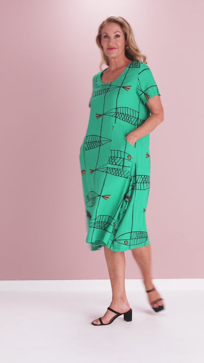 River Linen Dress - Green Sea Life