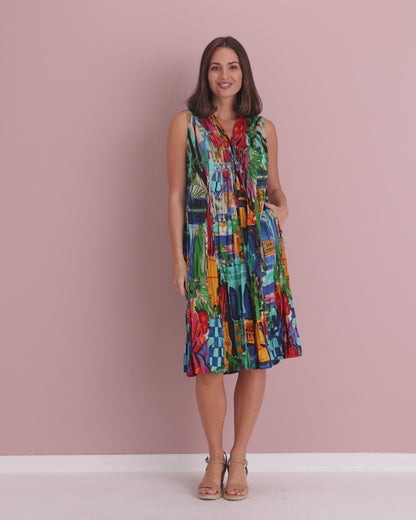 Sleeveless Organic Cotton V Pleated Dress - Oasis