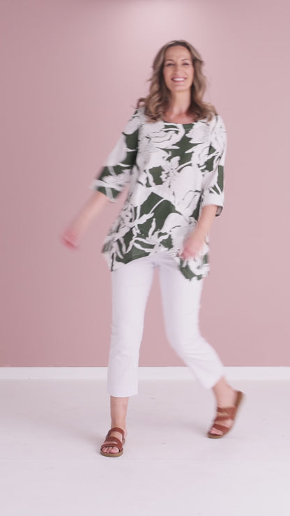 Esther Linen Top - White/Dark Green Floral Print