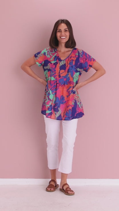 Kayla Cotton Short Sleeve Top - Tropical Sea